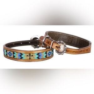 Showman Couture Genuine leather dog collar with beaded inlay teal and gold
